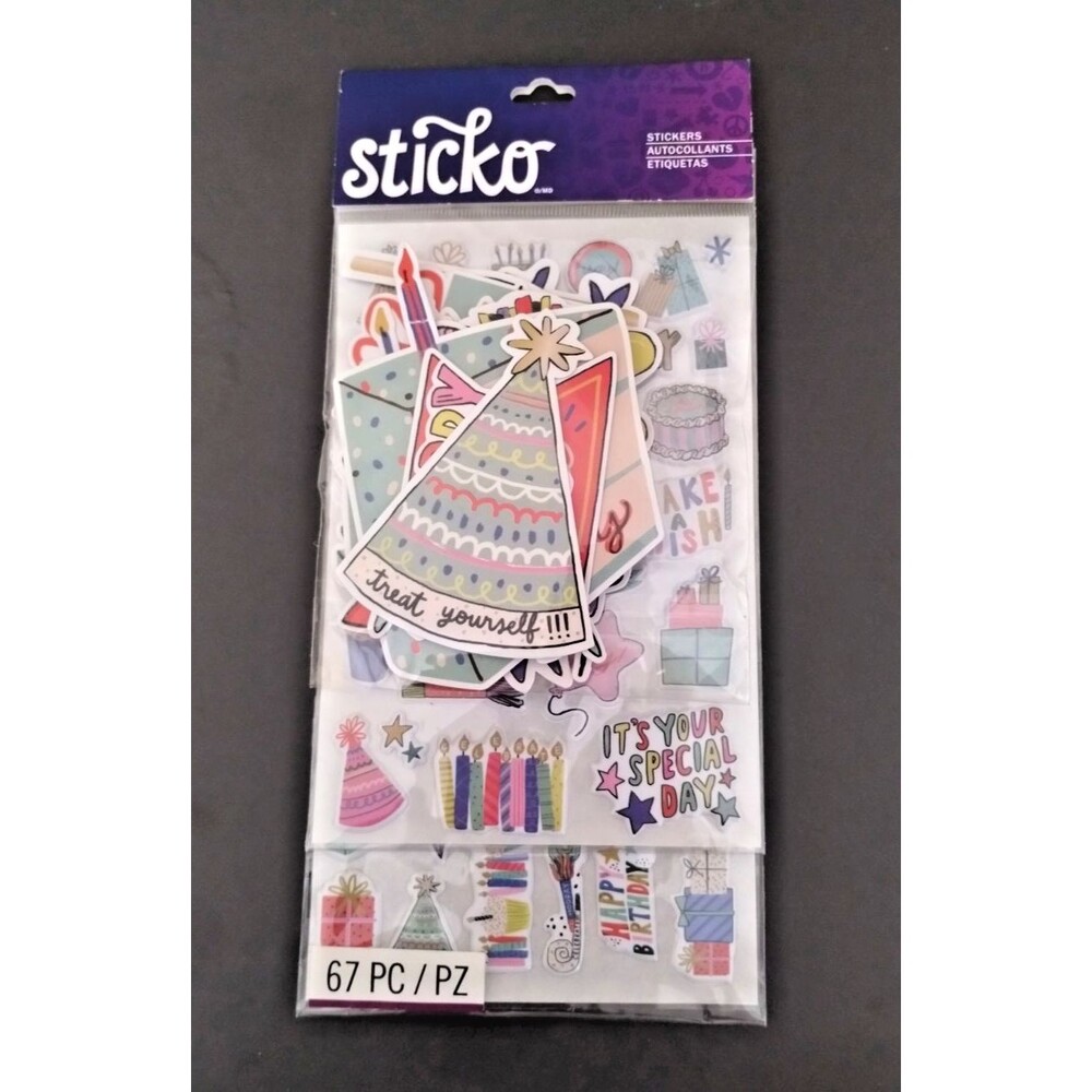 Sticko, Celebration Birthday Sticker Pack, Flat and Puffy Sticker 67 Pieces, NEW